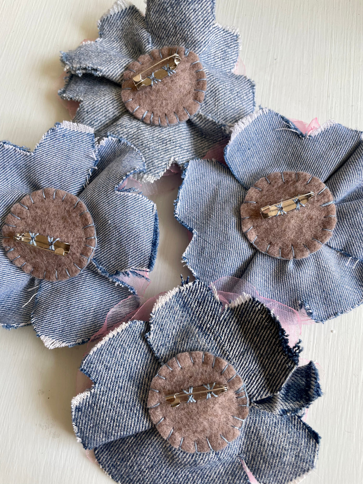 Pink Denim Flower brooch
