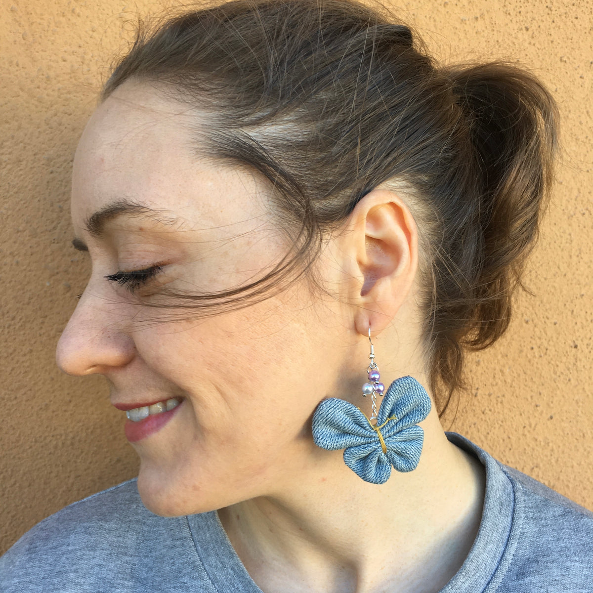 Earring Denim Butterfly with pearls
